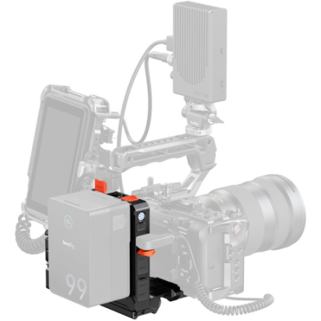 SmallRig 5899 - inteligentny adapter zasilania z płytką montażową do akumulatorów V-Mount (wersja z mocowaniem Arca-Swiss) - przykład użycia